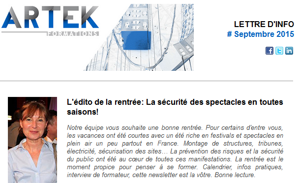 La lettre d'info ARTEK Formations de septembre 2015